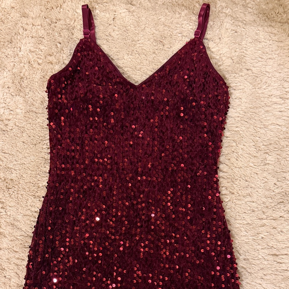 Simplee Apparel Burgundy Sequin Prom Dress